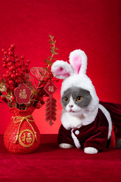 一只可爱的猫戴着一顶兔子耳朵的帽子，用中国新年盆栽植物竖着构图，翻译的中文是幸运没有标志没有商标图片下载