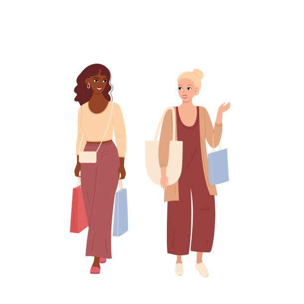 两个拎着购物袋的年轻女人在走路。微笑的女朋友说话。平面卡通矢量插图的女性朋友孤立在白色背景图片下载