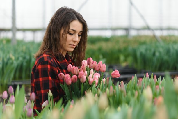 美丽的年轻微笑的女孩，工人花在温室。温室里的概念性工作，花。图片下载