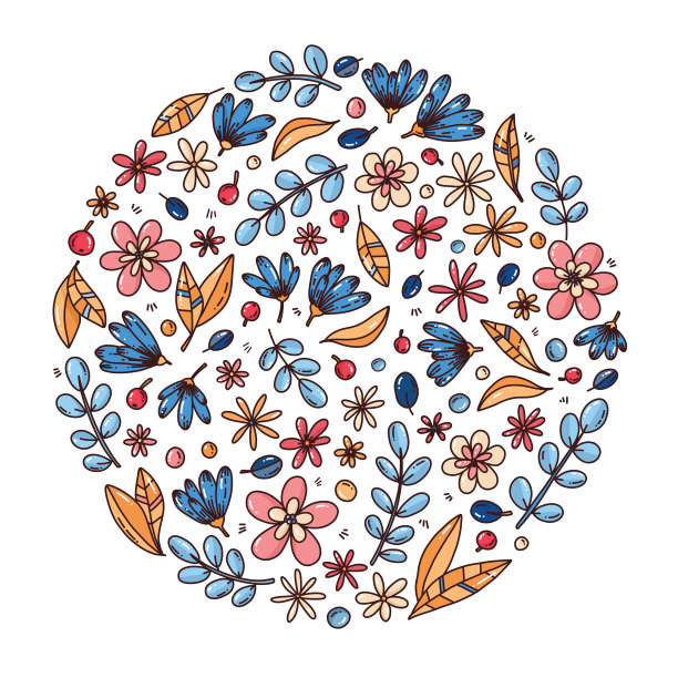圆形花卉手绘矢量插图图片下载