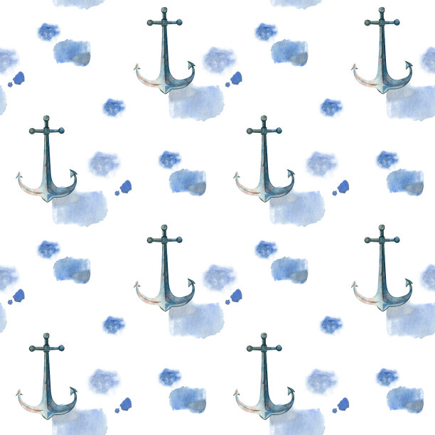无缝模式上的海洋主题，蓝色锚和水彩斑点手绘水彩在白色背景。图片下载