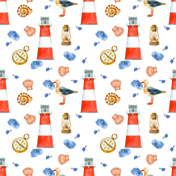 无缝模式上的海洋主题:灯塔，海鸥，指南针，灯，贝壳，手绘水彩画在白色的背景。图片下载