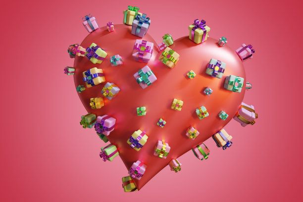 情人节。红心在送礼。三维渲染图片下载