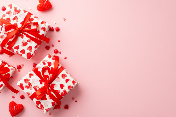 情人节的概念。顶部视图照片的礼盒彩带蝴蝶结心形蜡烛和洒在孤立的粉彩粉红色背景与空白图片下载