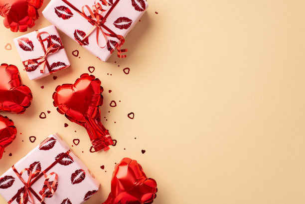 情人节的概念。顶部视图照片的礼盒包装与亲吻嘴唇图案心形气球和五彩纸屑在孤立的粉彩米色背景与空白图片下载
