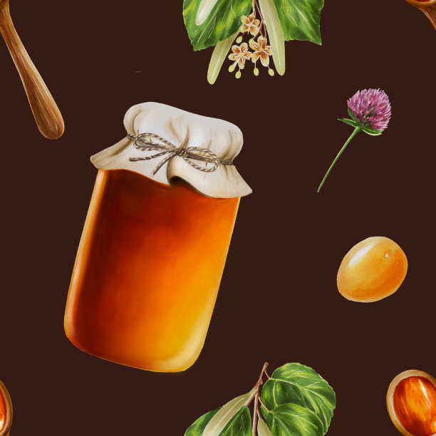 水彩无缝模式与琥珀椴树蜂蜜罐。木勺加蜂蜜。蜂蜜从木棍流出。手绘免疫增强维生素插图图片下载