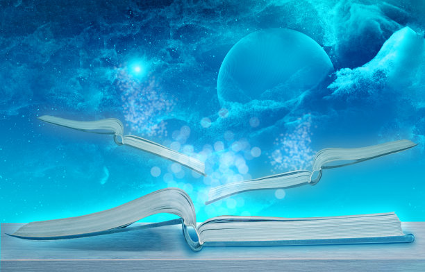 在奇异的太空背景下，一本打开的飞行书籍。图片下载