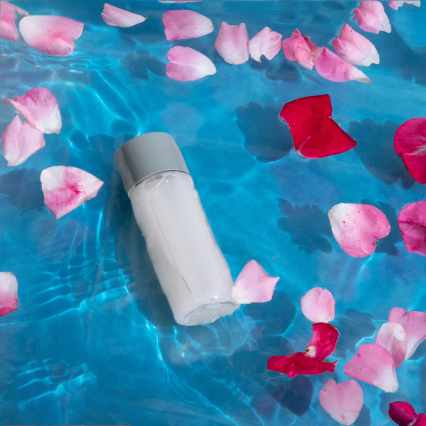 水在水面上荡漾，花瓣和瓶子图片下载