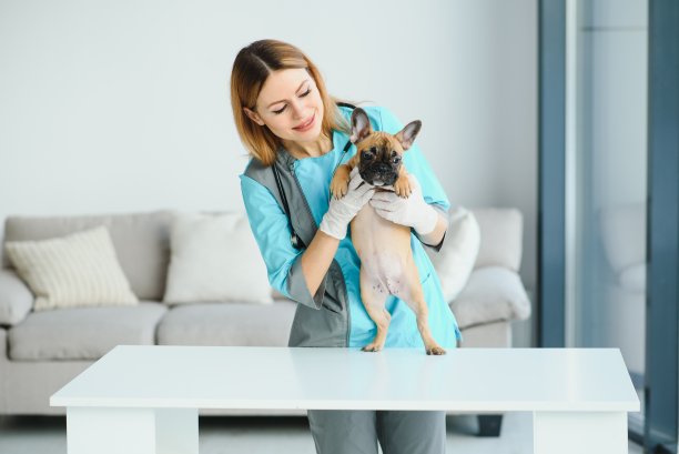 自信的女兽医在医院检查狗的肖像图片下载