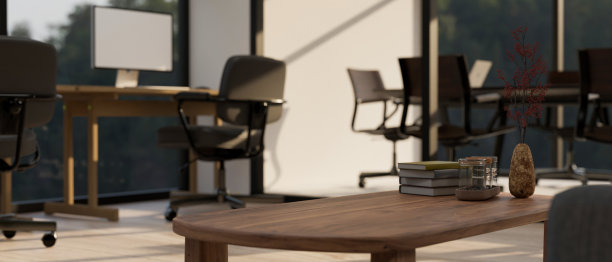 现代办公联合工作间木质茶几复制空间。特写图像图片下载