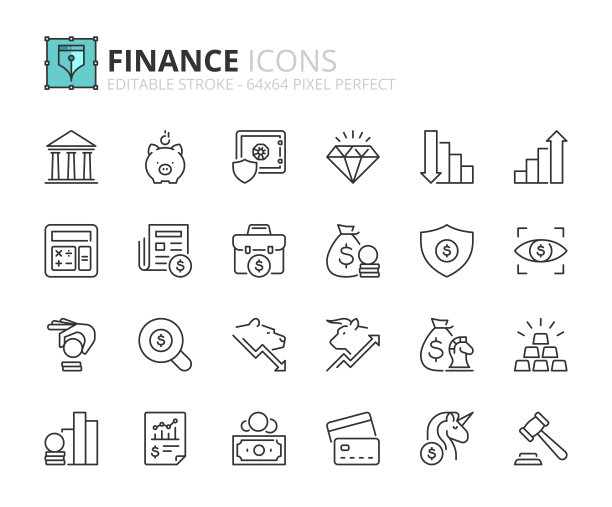 关于金融的简单大纲图标集。金融的概念。图片下载