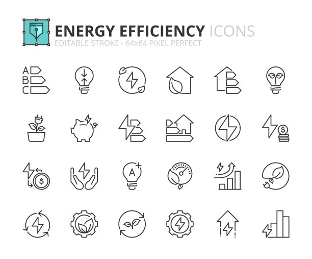 关于能源效率和节约的简单的轮廓图标集。可持续发展。图片下载
