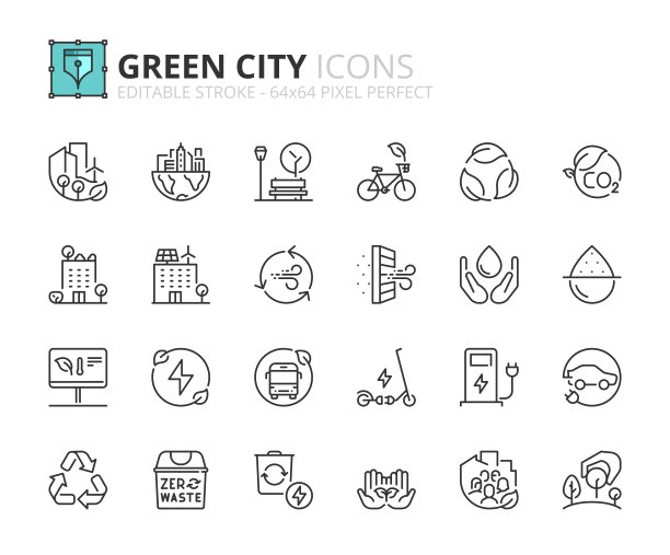 关于绿色城市的简单轮廓图标集。可持续发展。图片下载