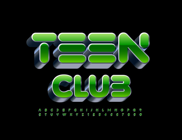 矢量潮流标志青少年俱乐部。金属和绿色字母和数字集图片下载