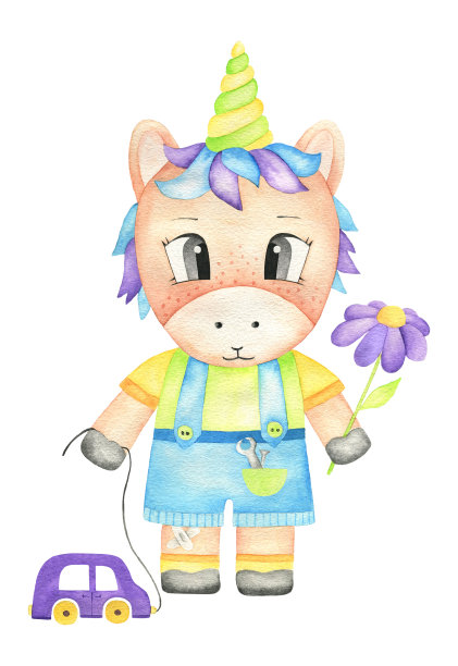 水彩手绘独角兽男孩可爱的插图图片下载