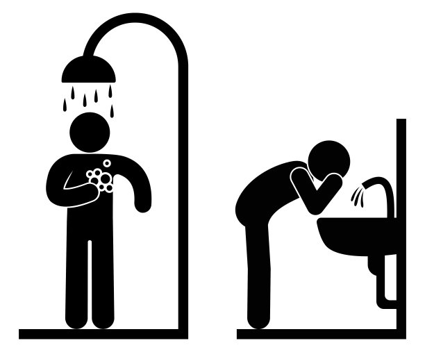 男人洗澡，淋浴图标，浴室符号，孤立的人类剪影图片下载