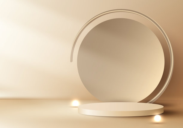 3D现实优雅的金色圆柱裙台与圆形背景装饰照明球在金色背景上豪华简约的风格图片下载