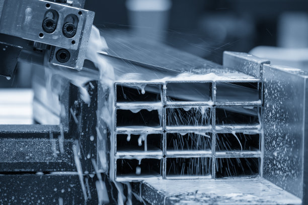 带锯切割机的操作是用冷却剂的方法切割金属方管零件。图片下载