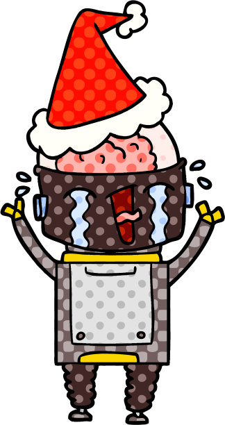 手绘漫画风格的插图，一个哭泣的机器人戴着圣诞老人的帽子图片下载