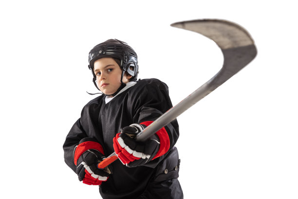 男孩的肖像，孩子，曲棍球运动员摆姿势，训练孤立在白色的工作室背景图片下载