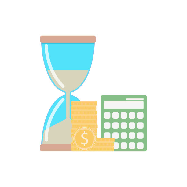 时间和金钱的概念，沙漏和金币与计算器。宝贵的和宝贵的时间为业务矢量图片下载