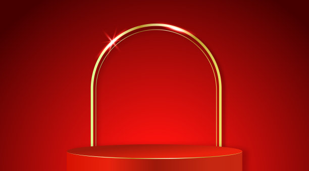 一个红色明亮的讲台，金色的拱门和空间的副本。图片下载