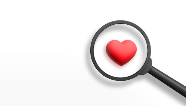 爱的概念与红心对象与放大镜在白底。3 d演示。图片下载