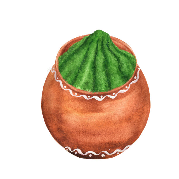 手绘水彩绿粉在一个陶罐图片下载