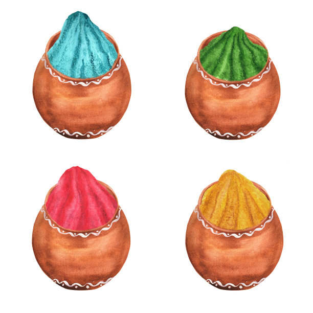 四只手绘水彩壶，彩色粉末:黄、绿、蓝、品红图片下载