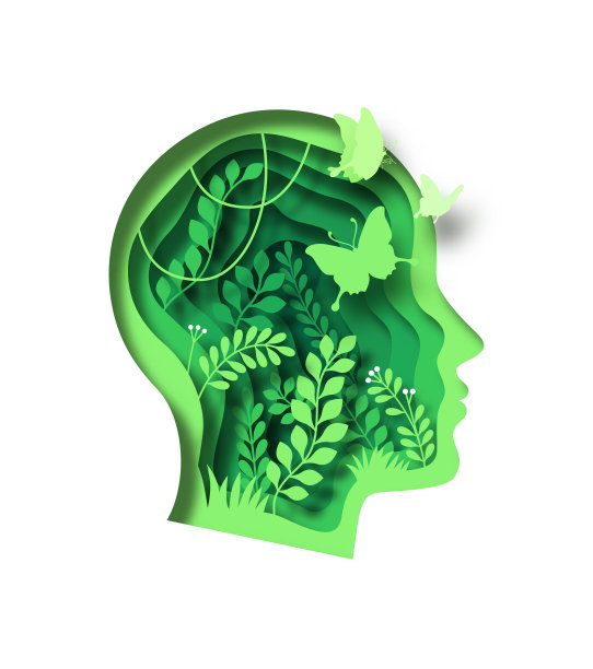 绿色的剪纸植物叶子生长在人的头部图片下载