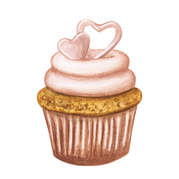 奶油小蛋糕，上面装饰着心形图案。手绘水彩插图。明信片，请柬。情人节快乐图片下载