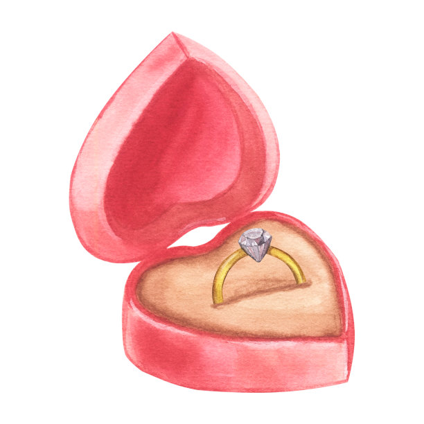 盒子里有金戒指，盒子里有钻石，求婚，婚礼。手绘水彩插图。孤立在白色背景上。情人节图片下载