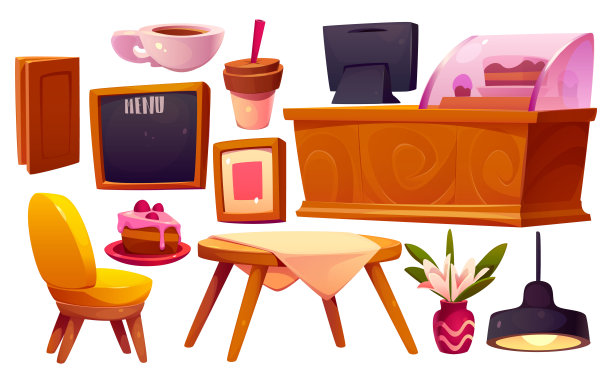 白色上的卡通咖啡馆室内元素图片下载