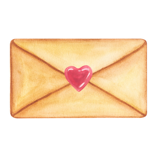 漂亮的信封，上面封着一颗心。水彩插图。关于爱情的情人节讯息。白色背景隔离图片下载