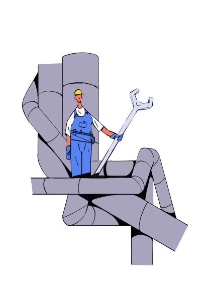 水管工妇女概念插图与巨大的阀门和管道。带着他的工具准备修理。管道业剪贴艺术。插图与现代设计的颜色隔离在白色。图片下载