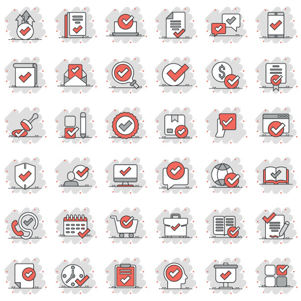 批准图标设置为漫画风格。检查标记卡通矢量插图在白色孤立的背景。Tick接受飞溅效果的经营理念。图片下载