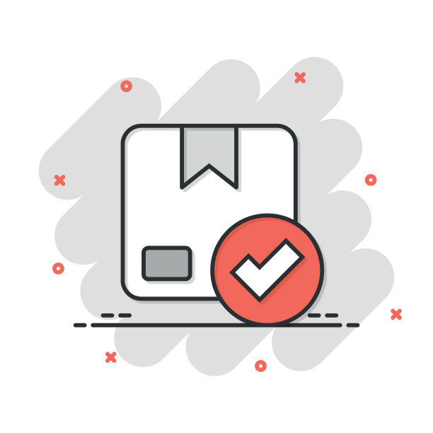 航运箱检查图标在漫画风格。集装箱批准卡通矢量插图在白色隔离背景。纸板包装飞溅效果经营理念。图片下载