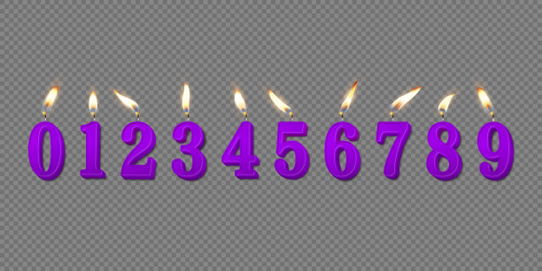 矢量3d现实石蜡或蜡燃烧紫色生日派对蜡烛，数字和不同的火焰蜡烛图标集隔离。设计模板，剪贴画，生日概念。俯视图图片下载