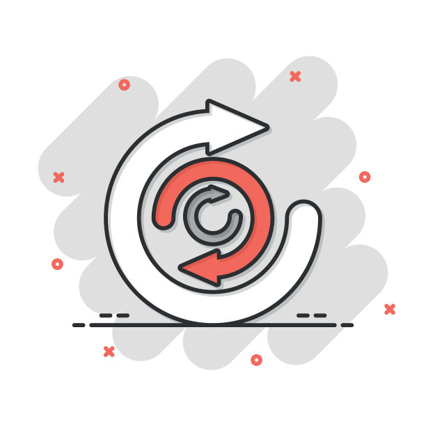 箭循环图标在漫画风格。循环生态卡通矢量插图在白色孤立的背景。平衡飞溅效果的经营理念。图片下载