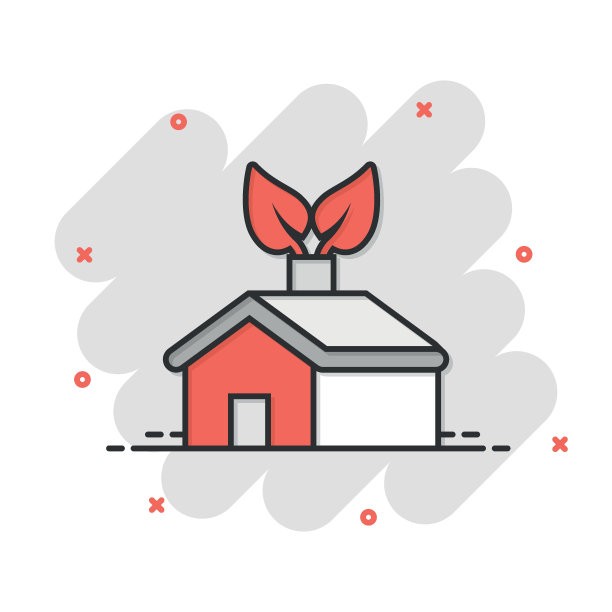 漫画风格的生态家居图标。房子与叶子卡通矢量插图在白色孤立的背景。植物建筑飞溅效果招牌经营理念。图片下载