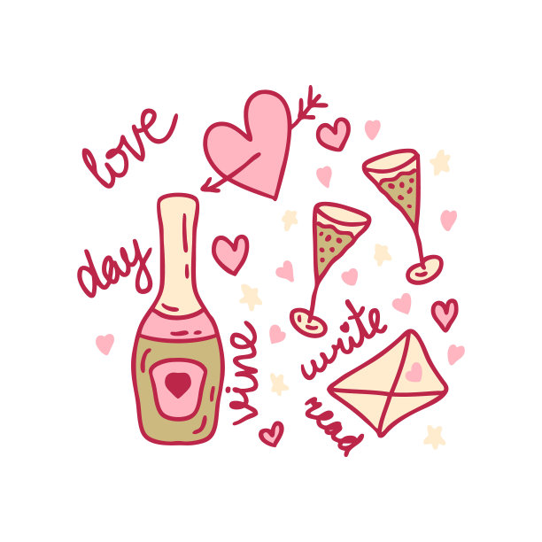情人节打印与瓶子，玻璃杯和信封。完美的贴纸，卡片，t恤。涂鸦矢量插图装饰和设计。图片下载