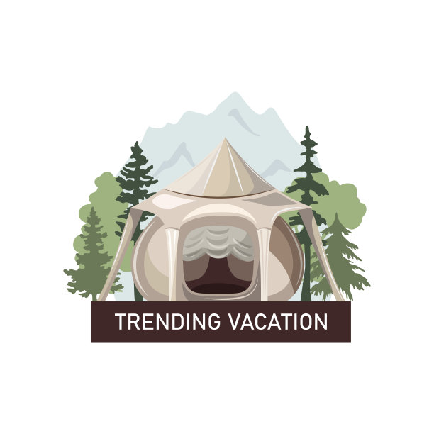 豪华的标志概念与帐篷和山脉景观的白色背景。矢量插图。图片下载