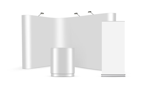 空白弹出显示架与卷起来和表，孤立在白色背景图片下载