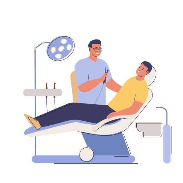 牙医。病人坐在牙医的椅子上。牙齿治疗。牙医。矢量平面卡通插图图片下载