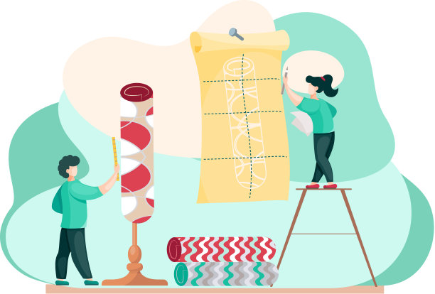 地毯概念的制造。男人们正在设计新地毯，选择尺寸和图案图片下载