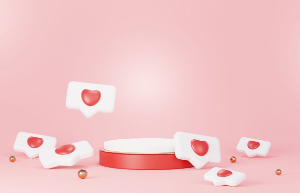情人节快乐。最小的甜蜜爱情场景与展示平台模拟和产品品牌展示。粉色底座。可爱可爱的心形背景。爱天的设计风格。3 d渲染。图片下载