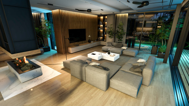 现代舒适的室内3d渲染，在夜间有客厅、餐厅、楼梯和厨房图片下载