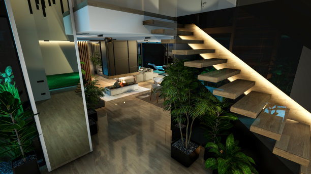 现代舒适的室内3d渲染，在夜间有客厅、餐厅、楼梯和厨房图片下载