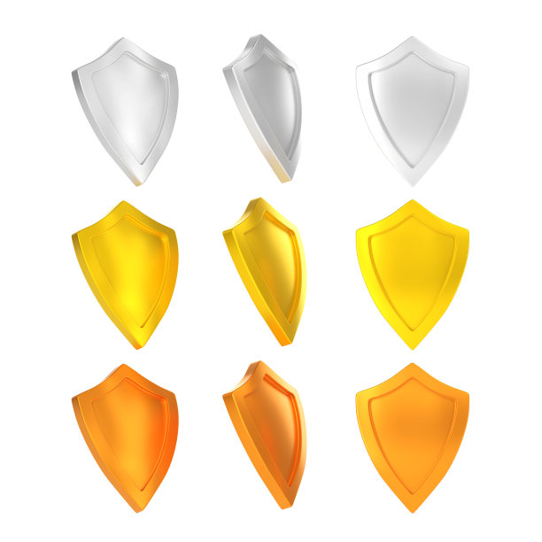 金，银，青铜盾牌正面和侧面视图3d渲染集。空白金属板，奖品或证书模板隔离在白色背景。安全观图片下载