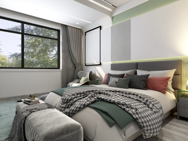 3D渲染，干净整洁的北欧风格卧室设计图片下载